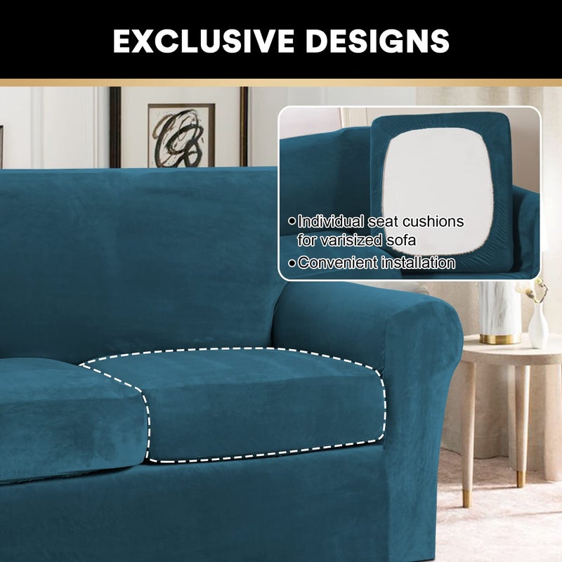 PrinceDeco Velvet Plush Couch Cover Stretch 2 Piece Chair Cover Chair Slipcover Washable Furniture Protector Couch Soft with Elastic Bottom Armchair Cover Width Up to 49 Inch(Small, Deep Teal) - Image 5